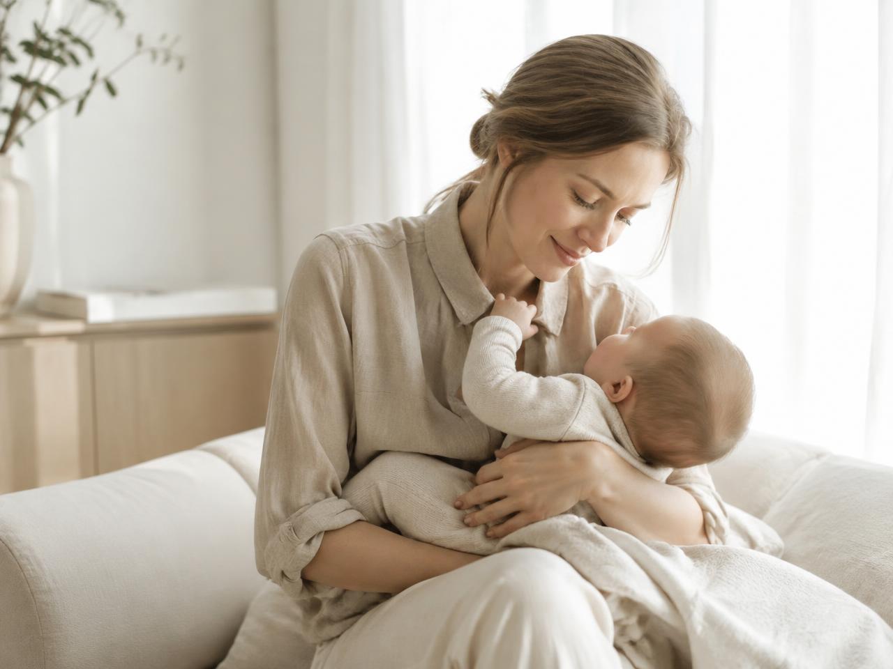 Mamma håller sin bebis i mjukt dagsljus